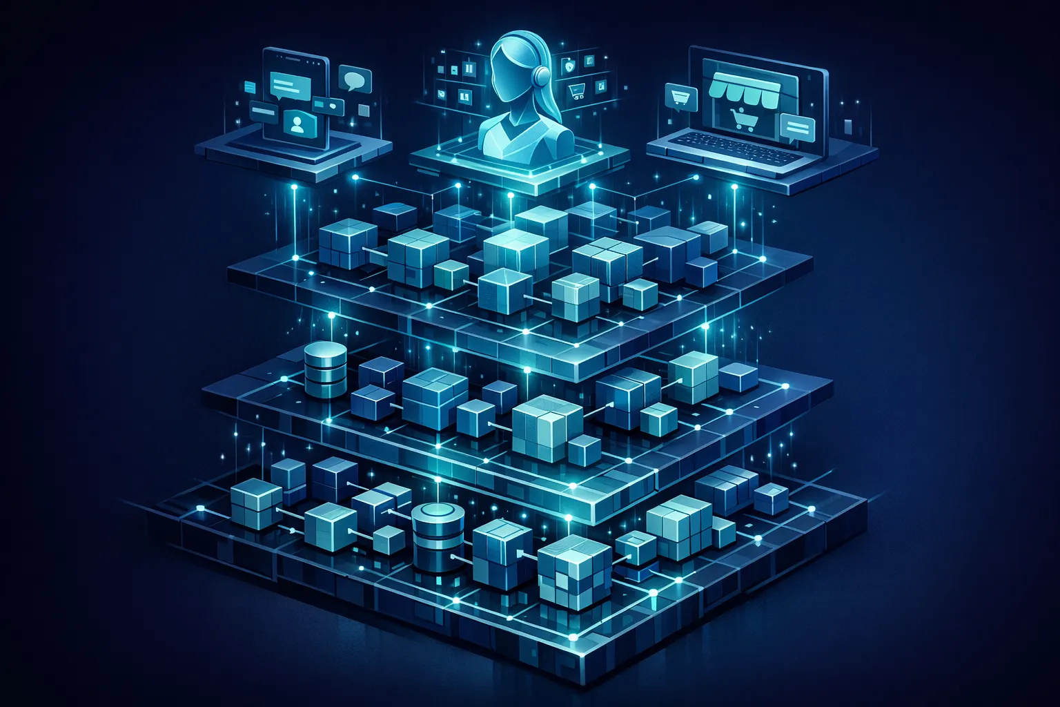 Shopti article illustration showing headless commerce architecture connected to AI shopping agents through structured data pipelines
