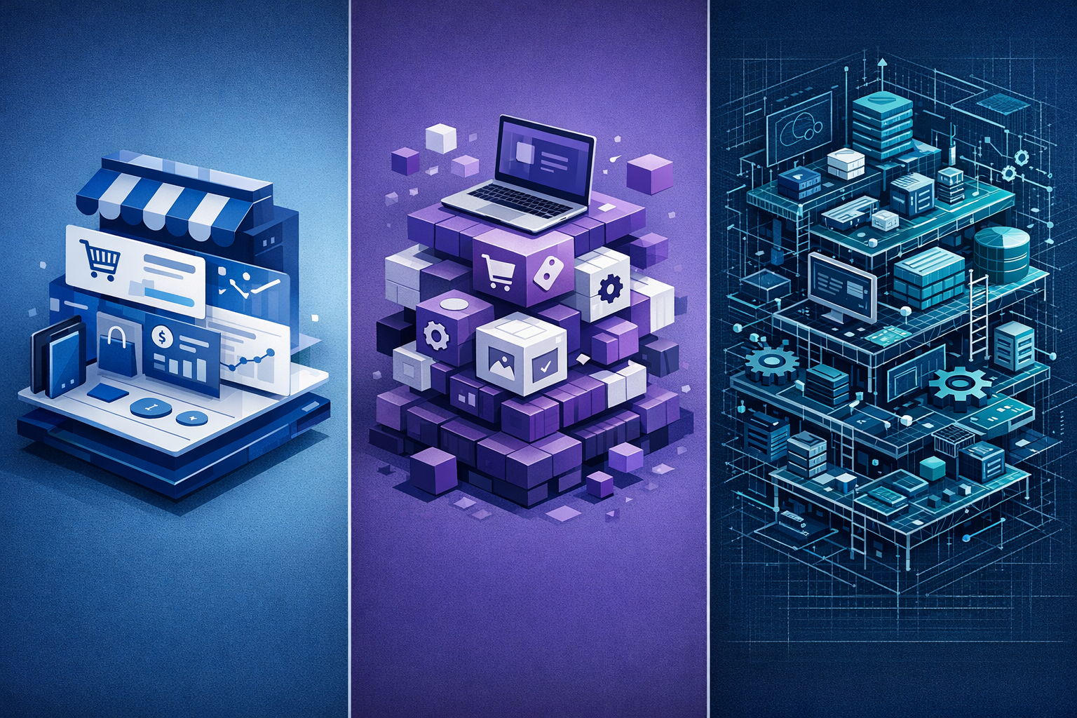 Comparison illustration showing three ecommerce platforms Shopify modern blue interface WooCommerce modular purple blocks and custom platform complex teal blueprint