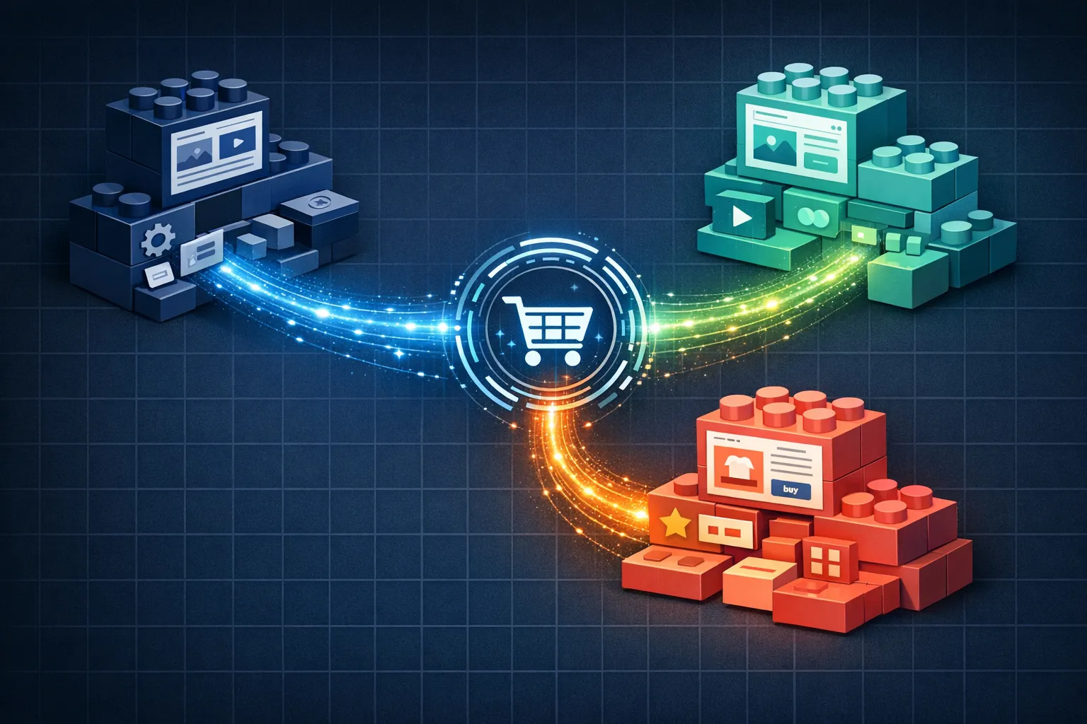Shopti article illustration showing three hosted ecommerce platforms being discovered by AI shopping agents with structured data connections
